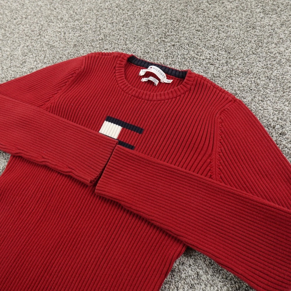 VTG Tommy Hilfiger Sweater Womens XL Red Flag Logo Ribbed Knit Pullover Crewneck